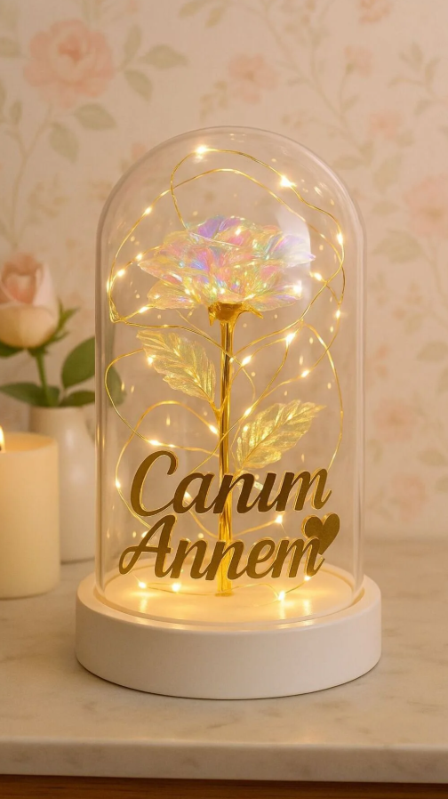Anneler Günü Canım Annem Yazılı Anneler Günü Led Işıklı Solmayan Güllü Fanus Gece Lambası Dekor Süs