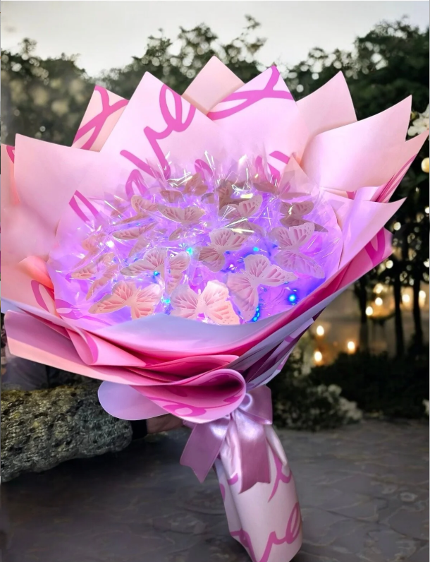 Led Işıklı Pembe Kelebek Buketi Love Ambalajlı, Dekoratif Konsept Hediye Anneye, Sevgiliye,arkadaşa
