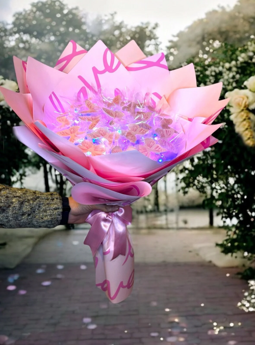 Led Işıklı Pembe Kelebek Buketi Love Ambalajlı, Dekoratif Konsept Hediye Anneye, Sevgiliye,arkadaşa