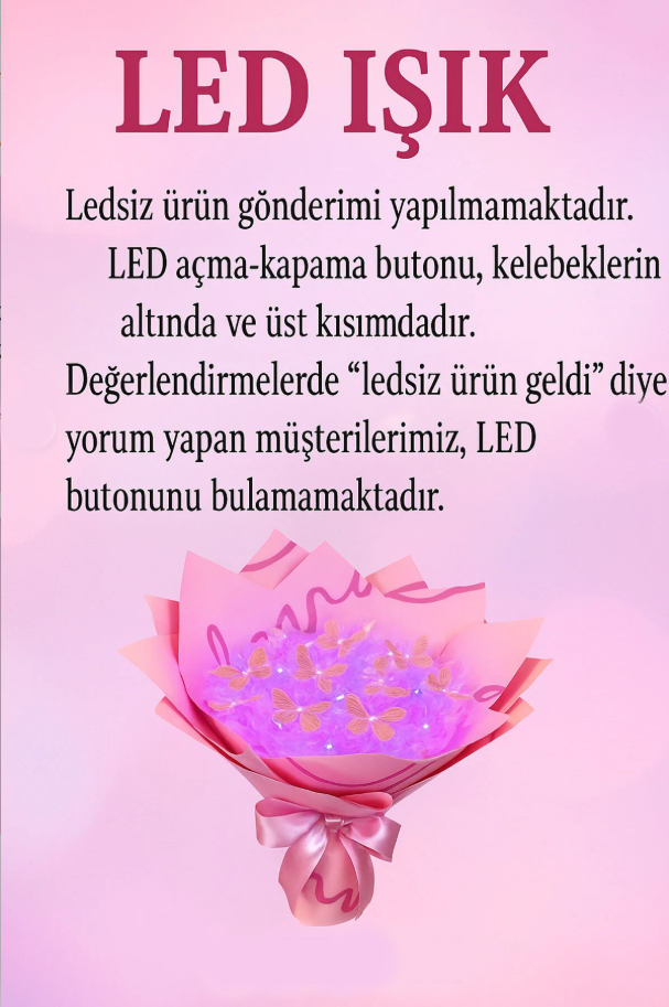 Led Işıklı Pembe Kelebek Buketi Love Ambalajlı, Dekoratif Konsept Hediye Anneye, Sevgiliye,arkadaşa