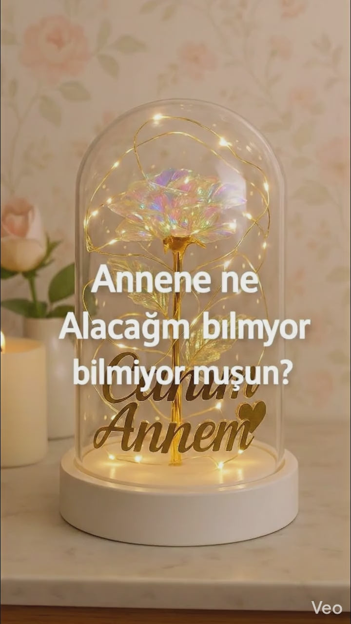 Anneler Günü Canım Annem Yazılı Anneler Günü Led Işıklı Solmayan Güllü Fanus Gece Lambası Dekor Süs